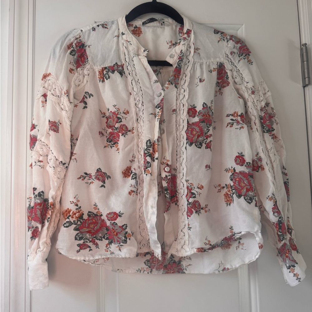 Zara Floral Lace Trim Blouse
